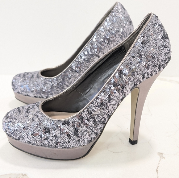 Silver sequin platform high heel pumps womens 7.5 glitter sparkly party Shoes - Picture 6 of 14